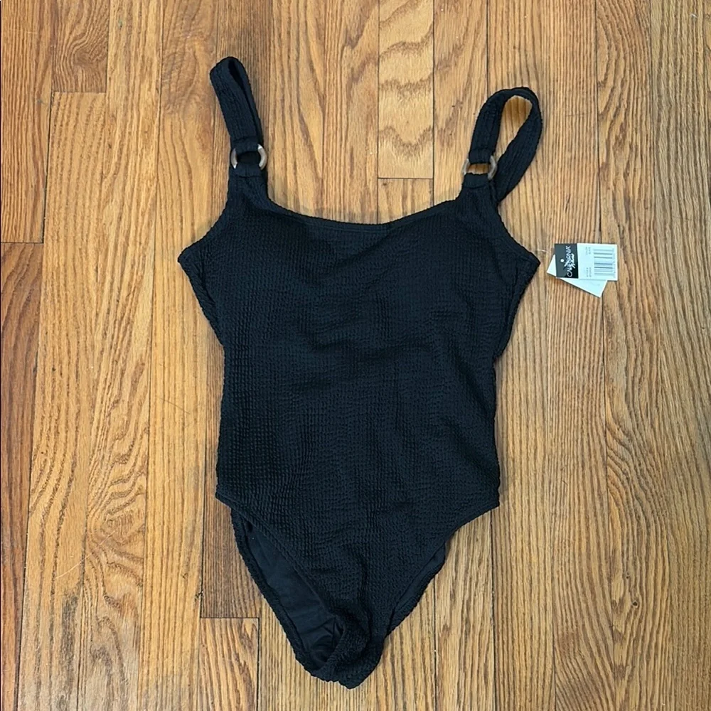 CALIFORNIA WAVES Black Stretch O-Ring Textured One Piece‎ Swimsuit Juniors M NWT